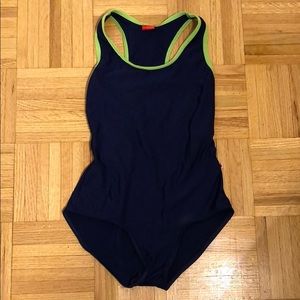 NAVY YUMUKO LEOTARD WITH GREEN TRIM